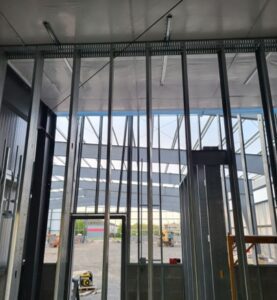 The inside of a building with steel framing.