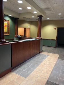 A reception area in a large office building.