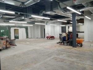 The interior of a building that is under construction.