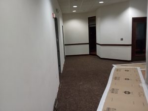 A hallway is being repainted with white paint.