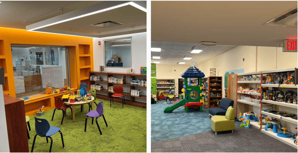 Two images of a children's library with toys and books.