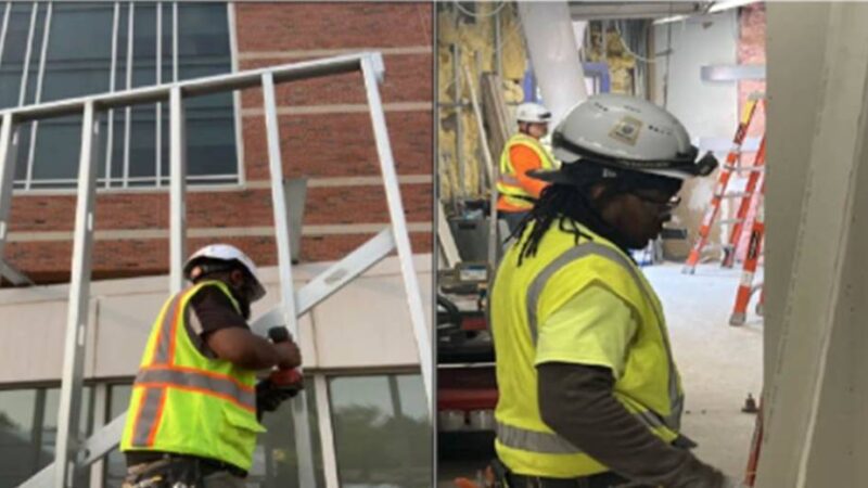 Two pictures of construction workers working on a building.