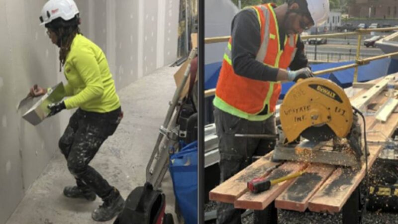 Two pictures of people working on a construction site.