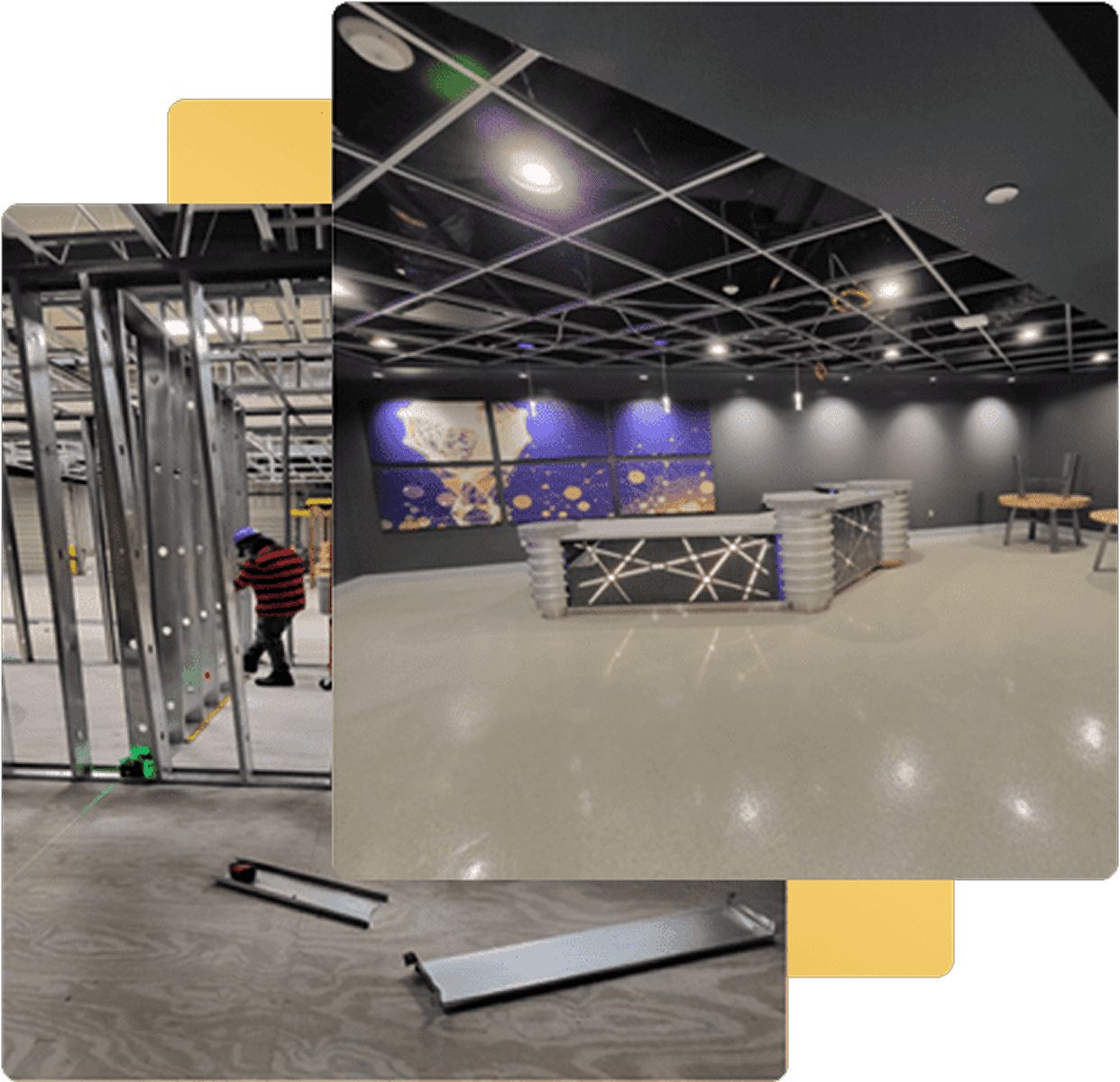 Construction site interior with metal framework