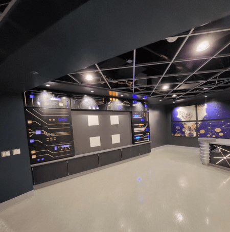 Modern room featuring abstract tech art