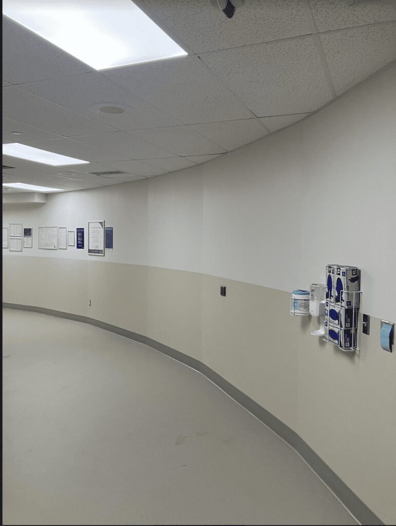 Medical hallway with ceiling lights
